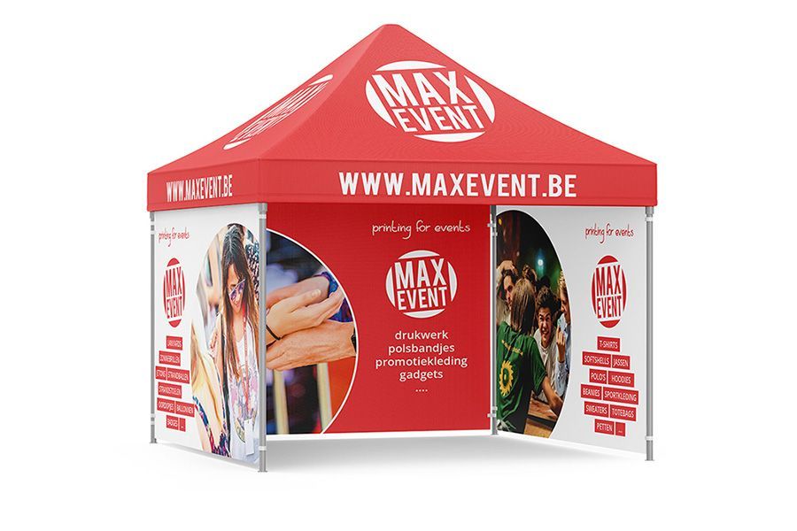 mockup van een easy-up tent van 3 bij 3 meter met bedrukking van Maxevent volledig in huisstijl